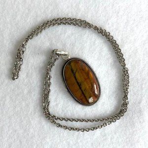 Silver plated Tigers Eye Pendant Necklace Oval 22"